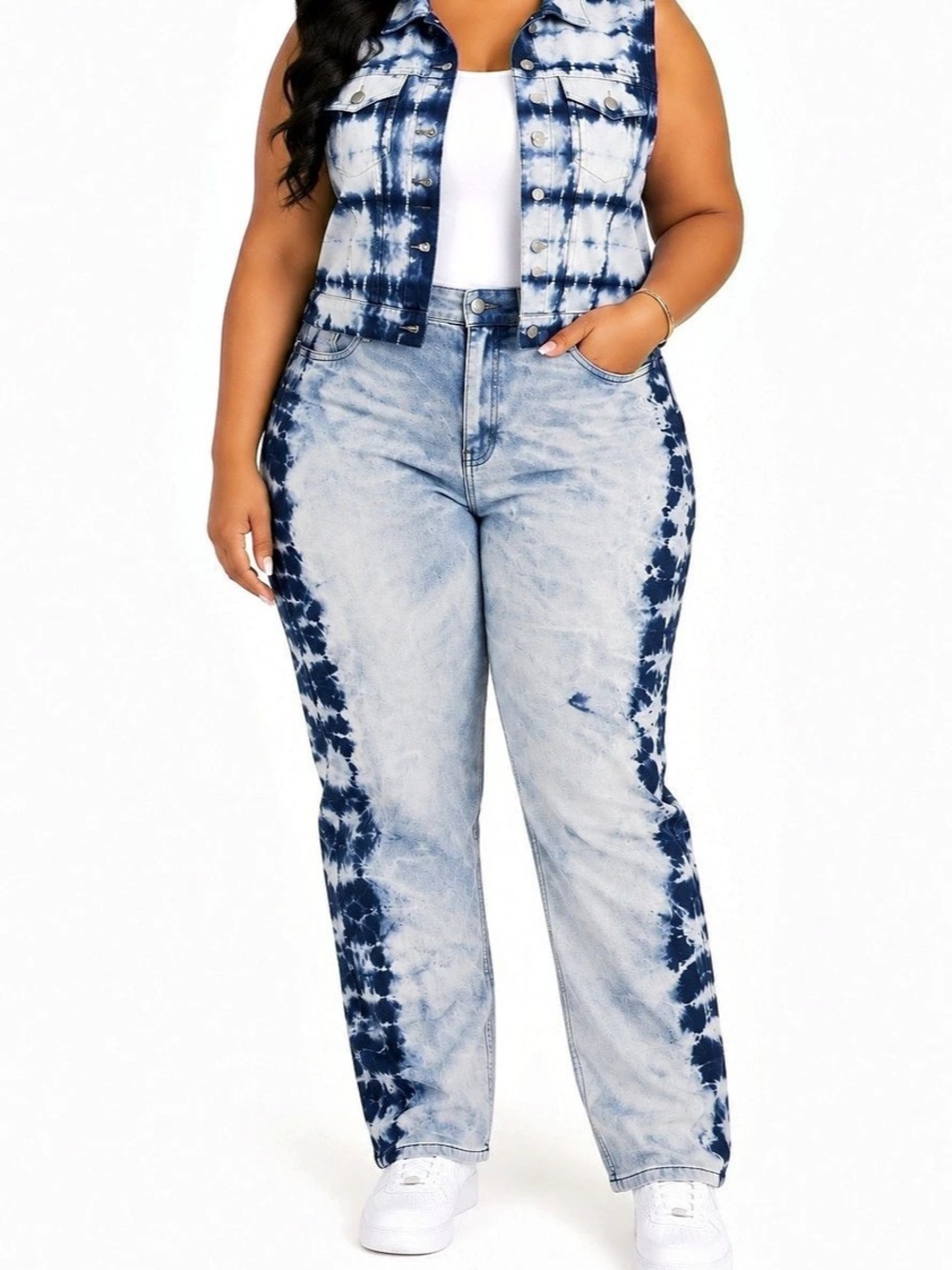 Plus Size 2 Piece Blue Tie Dye Denim Vest & Jeans Set Size 20/24